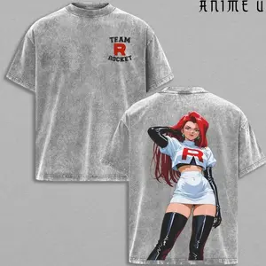 Retro Limited Team Rocket x Jessie V2 T-shirt Washed Anime Merch Double Printed Washed Tee Unisex Manga Heavyweight Cotton 90s Anime Kanto Villains Team Rocket 971