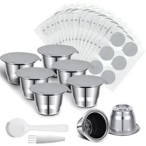 Espresso Capsules Stainless Steel Refillable Coffee Pods  Espresso Pods with  Foil Seals Stickers Lids Compatible with  Machines (6 Cups, 204 Lids)