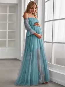 EVER PRETTY  Sheer Off-Shoulder Double Skirt Maxi Maternity Dress Below the Ankle Square Neckline Long Sleeves Concealed Zipper Back 20862
