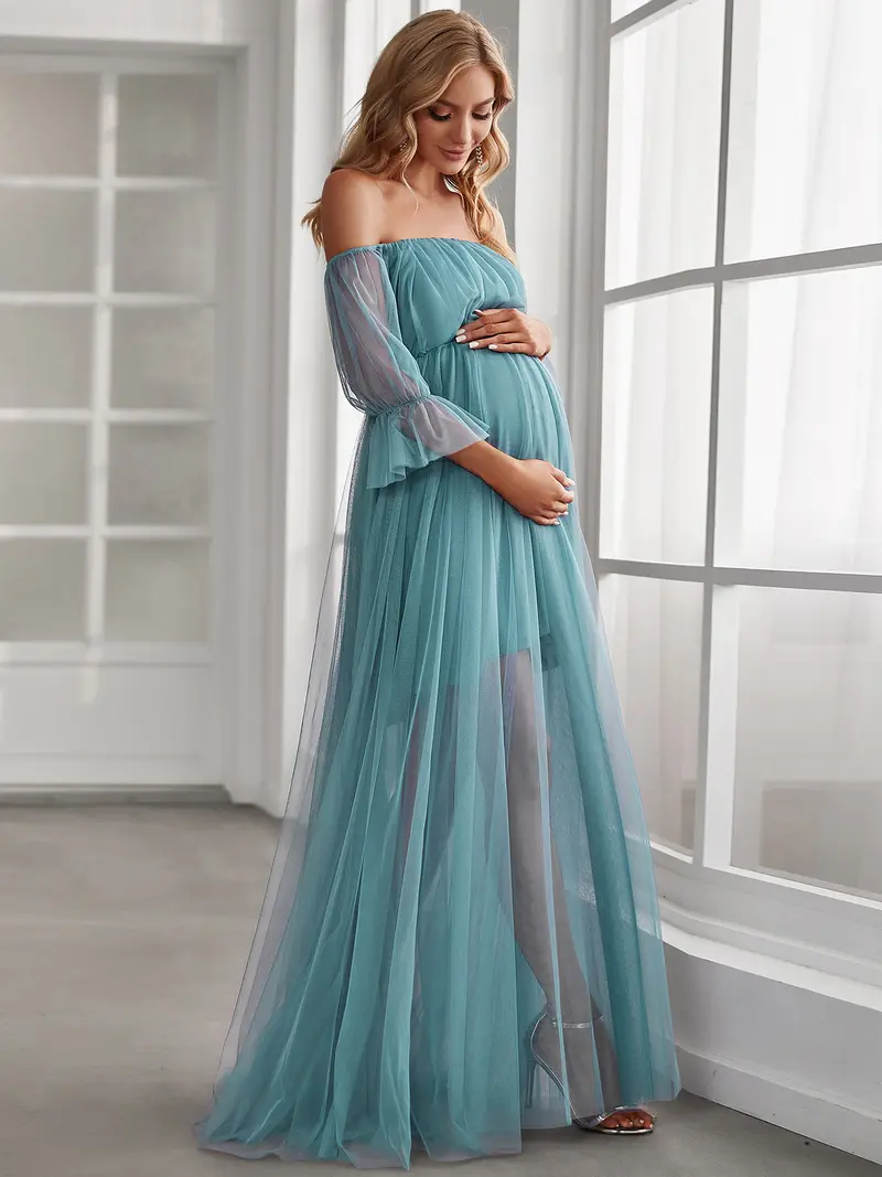 EVER PRETTY  Sheer Off-Shoulder Double Skirt Maxi Maternity Dress Below the Ankle Square Neckline Long Sleeves Concealed Zipper Back 20862