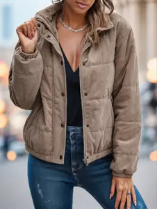 Lightweight Corduroy Padded Puffer Jacket with Snap Button Closure