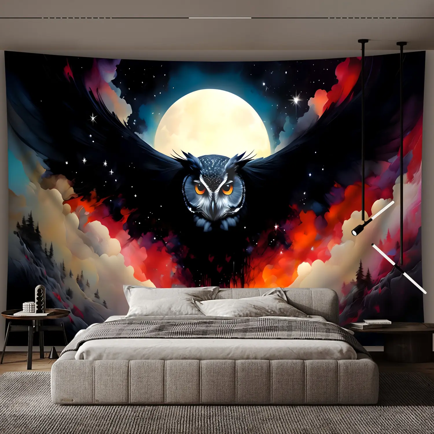 Ultra-Large Polyester Vintage Owl Animals Landscape Print Full Moon Tapestry, Machine-Washable Indoor Home Decor with Clips for Living Room, Live Streaming Background