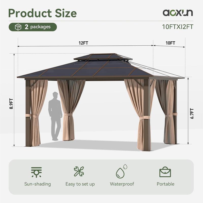 【2 Packages Shipping】Aoxun 10'x12' Hardtop Gazebo, Aluminum Frame Permanent Pavilion with Curtains and Netting, Outdoor Polycarbonate Gazebo, Double Roof Canopy, for Gardens, Patios, Lawns