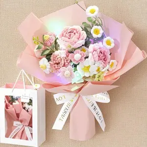 Handmade Crochet Floral Arrangement with LED Lights - Graduation Gift for Women, Knitted Rose Tulips Sunflower Bouquet - Valentine Birthday Wedding Home Decor - Reusable, No Batteries Needed Decorative Fruit Plants Box Cotton Daisy Eucalyptus Nature