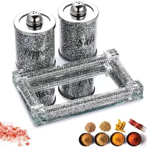 Crystal Salt and Pepper Shakers Set with Tray,Sparkly Crystal Crushed Diamond House Decor for Kitchen,Bling Salt Pepper Jar Container Pot for Countertop,Elegant kitchen salt cabinet