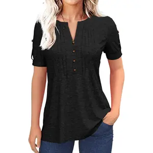Beotyshow Women's Zipper Summer Pleated Button Short Sleeve T-Shirt Summer V-Neck Solid Color Casual top