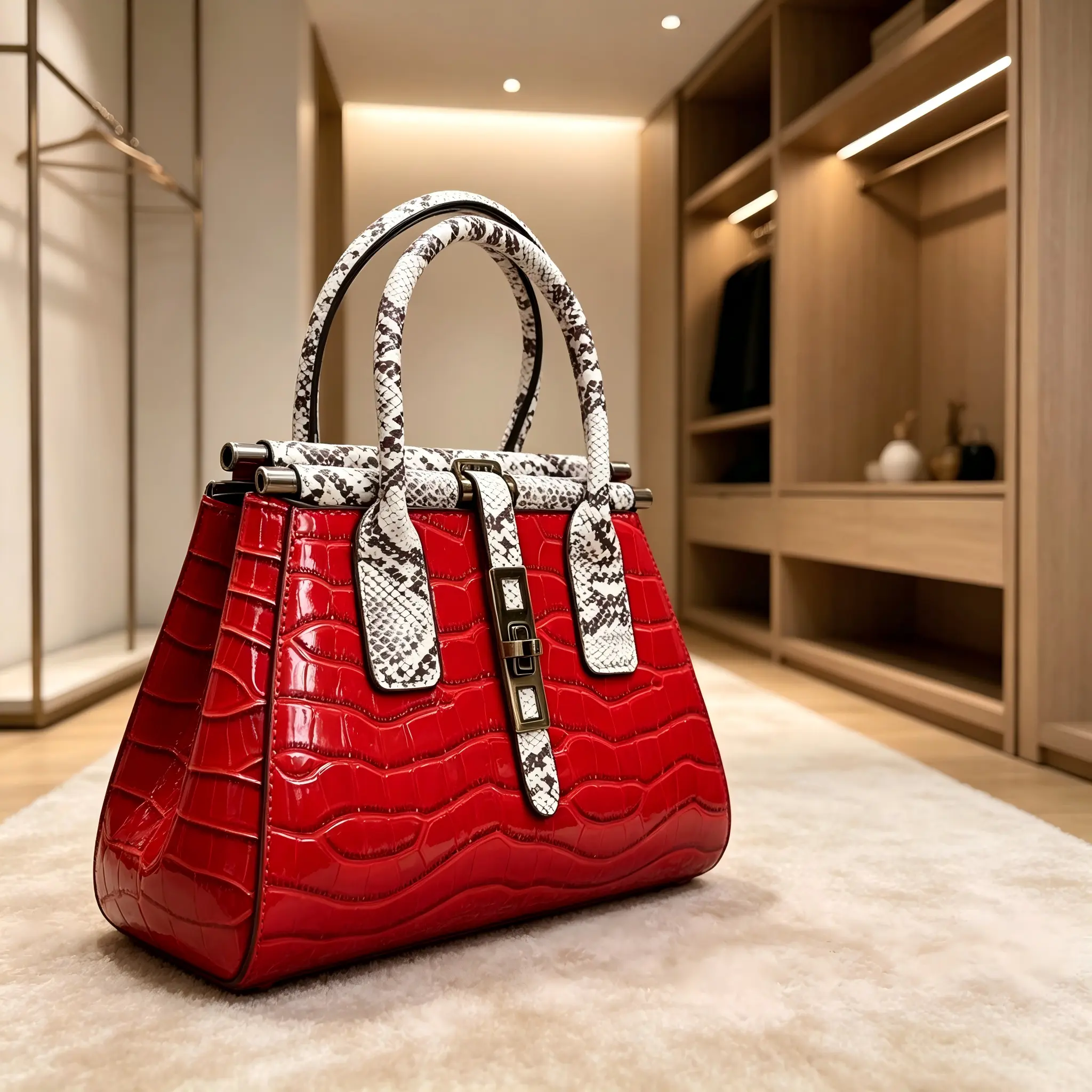 Women Glossy Red Crocodile Print Handbag, Snake Pattern Patchwork Top Handle Lock Tote Bag, Elegant Commuter Crossbody Shoulder Bag