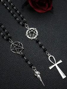 Gothic Pentagram Ankh NecklaceBlack beaded chain with crow skull pendant. Ideal for goth girls, witchy aesthetic & alternative fashion. Edgy occult layering jewelry, stand out with dark vibe Gothic Mystery Jewelry