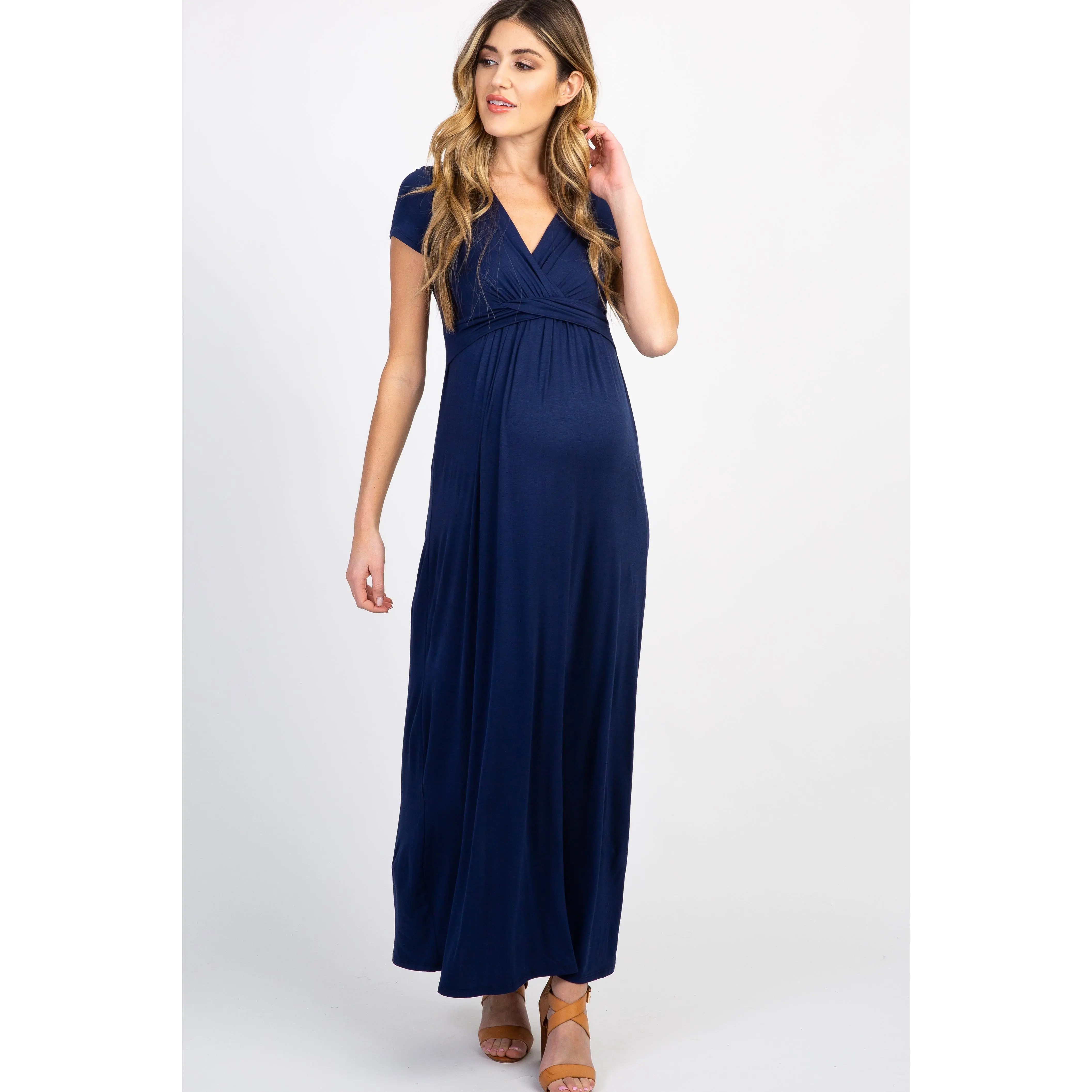 PinkBlush Navy Draped Maternity/Nursing Maxi Dress