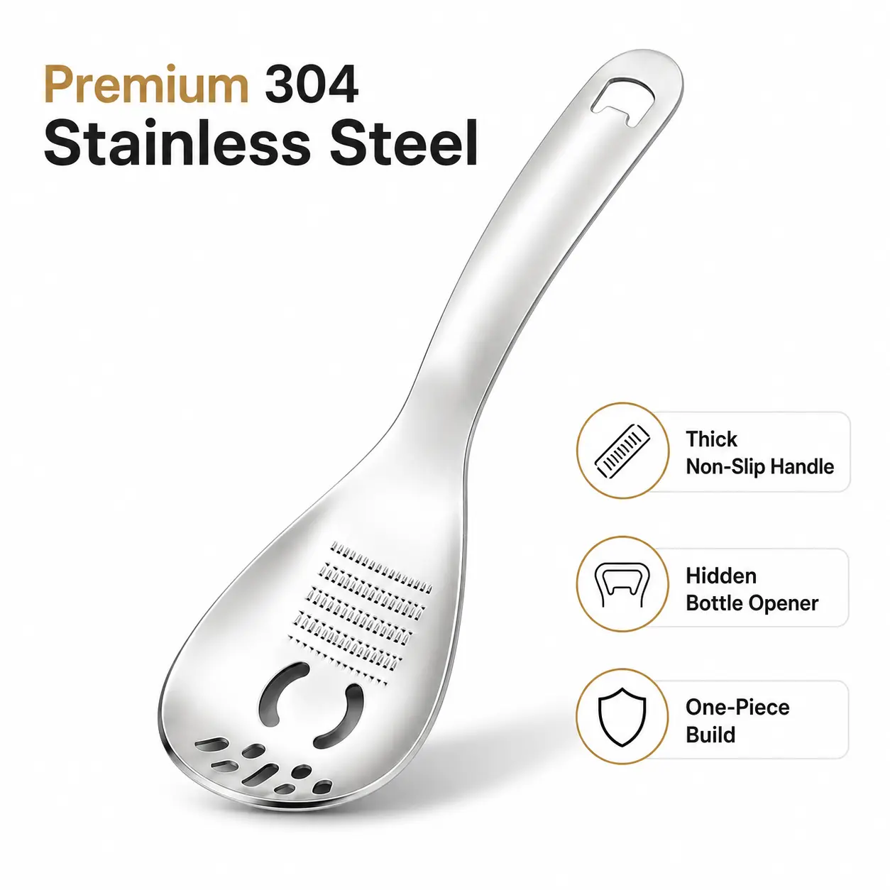 5-in-1 Stainless Steel Grinding Spoon, Garlic & Ginger Masher with Slotted Strainer for Meal Prep, Mashing, Draining & Everyday Kitchen Use