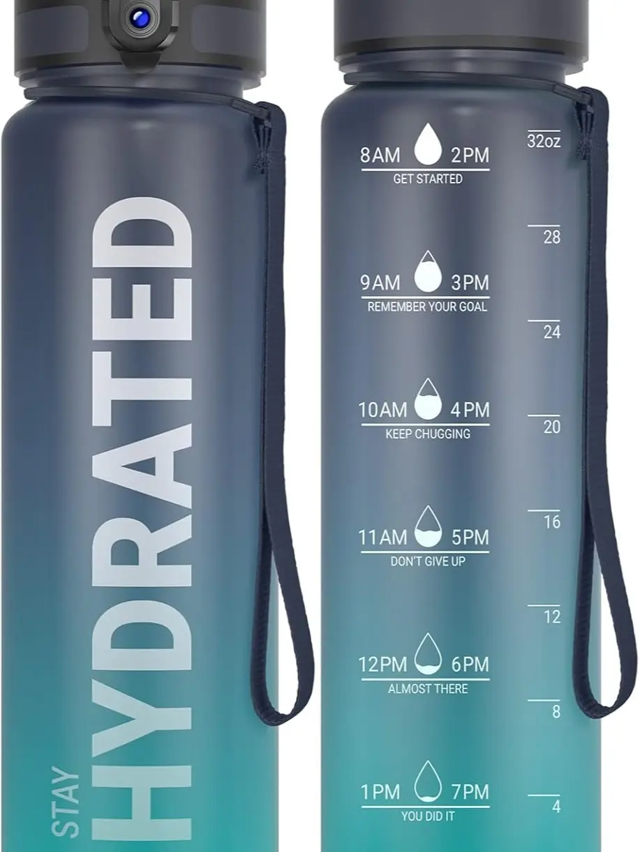 Water Bottle 32oz, Tritan Sports Bottle with Time Marker | Bpa Free, Leakproof Wide Mouth With Fast Flow Lid And Cleaning Brush, For Gym School Office Travel, 1 Count