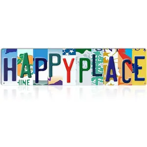 Happy Place Metal Tin Sign - 4x16 Inch Vintage Home Decor for Living Room, Patio & Kitchen - Rustic Metal Wall Art for Indoor & Outdoor