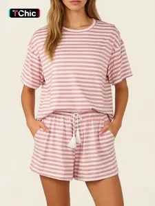 Women's Striped Knit Short Set Pjs, Loose Fit Casual Summer, Round Neck & Drawstring Design, Perfect for Daily Wear