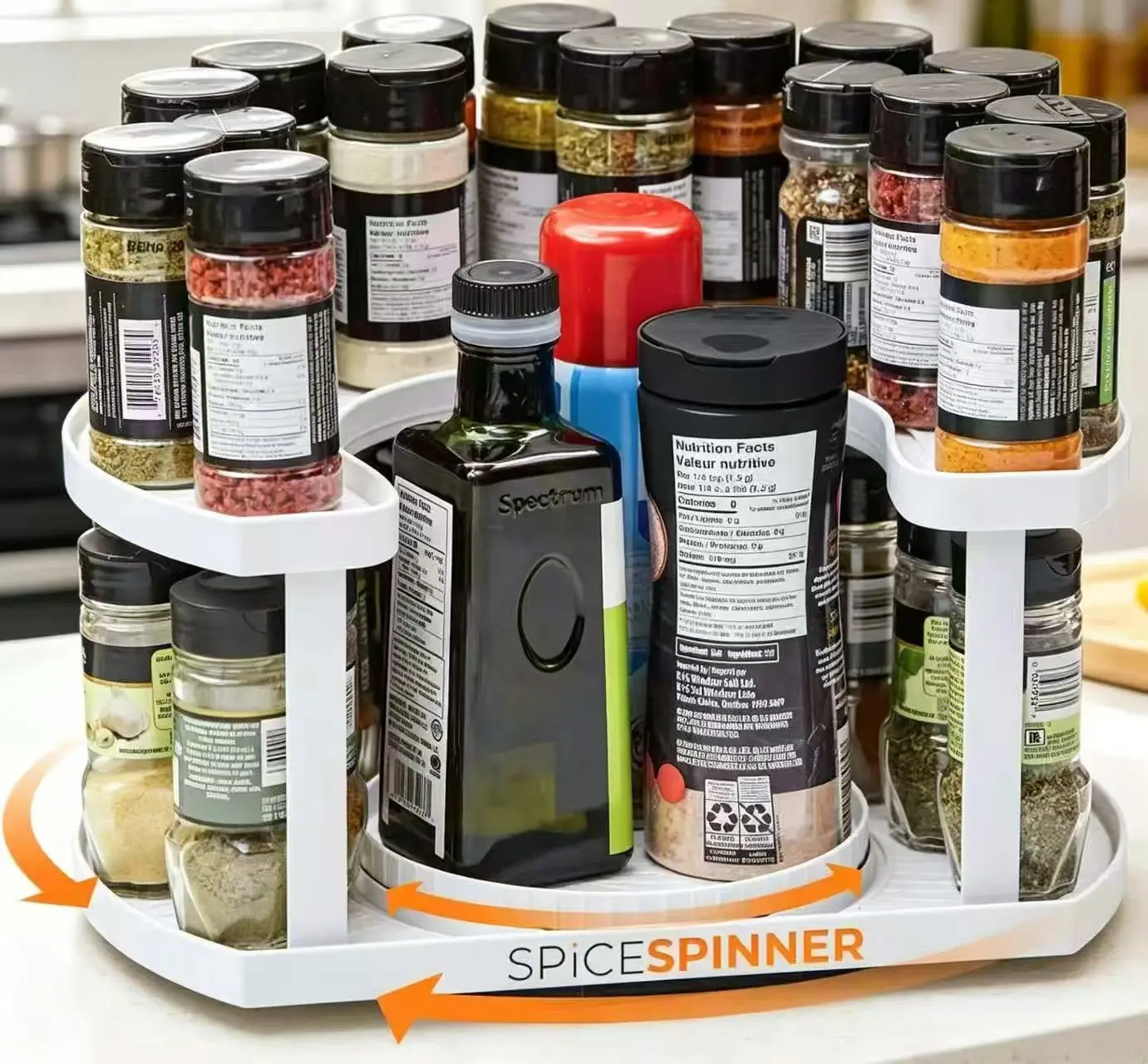 2-Layer 360° Rotating Compact Countertop Spice Rack - D-Shape Plastic Condiment Jar Holder for 40 Spice Jars, Cylindrical Canisters, Space-Saving Pantry Storage Organizer with Large Capacity