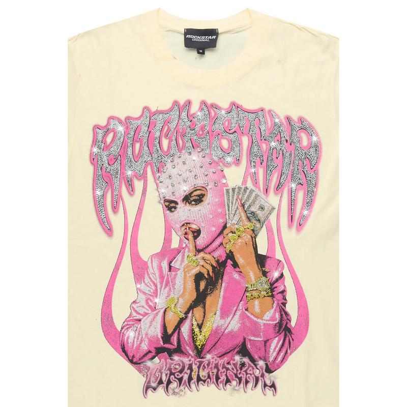 Kookie Beige Rhinestone Short Sleeve Tee Shirt