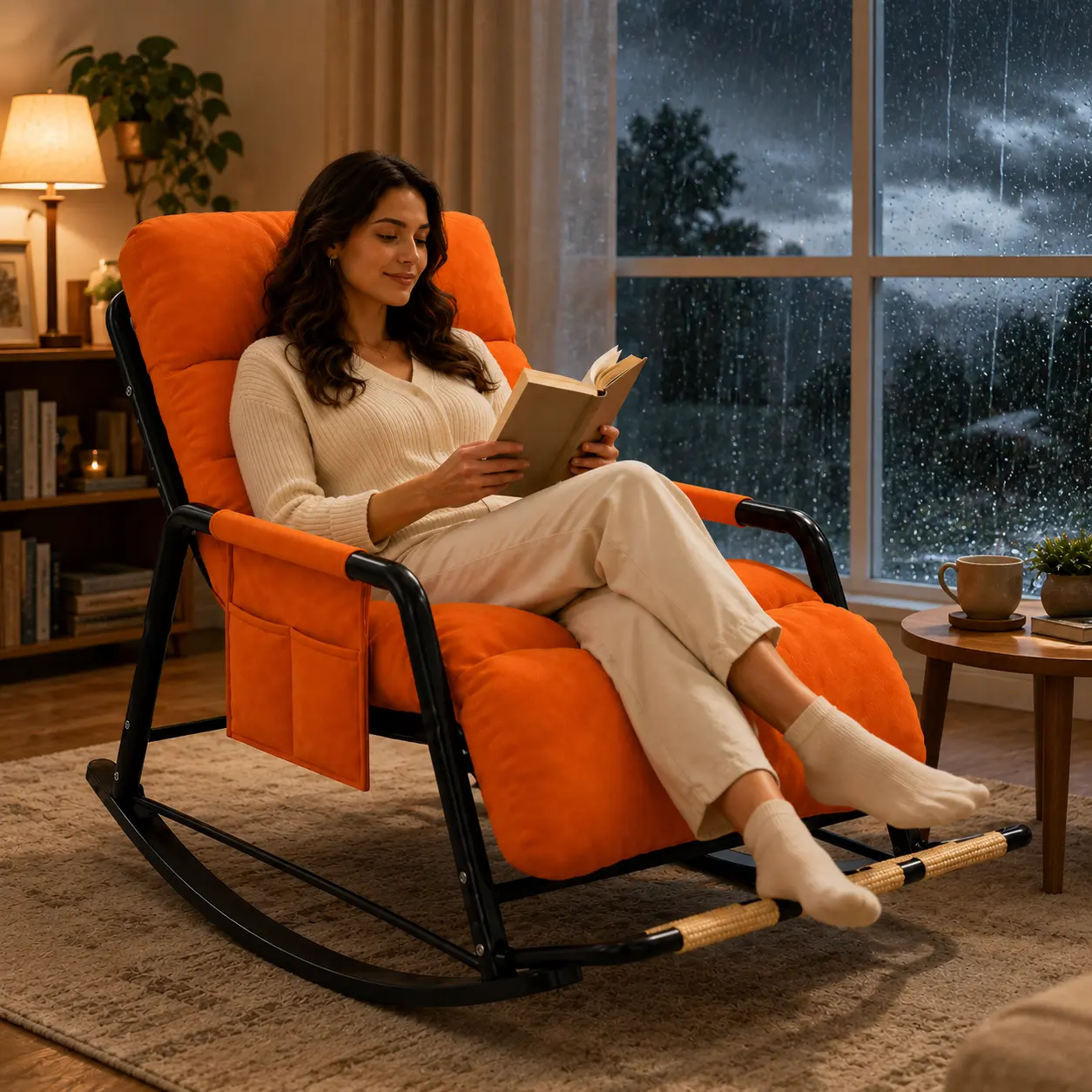 Indoor Tufted Ergonomic Rocking Chair - Adjustable Massage Footrest, Waterproof PU Leather, Stain-Resistant Durable Thick Cushion, Padded Armrests, Side Storage Pocket - Lounge Reading Chair for Living Room, Bedroom