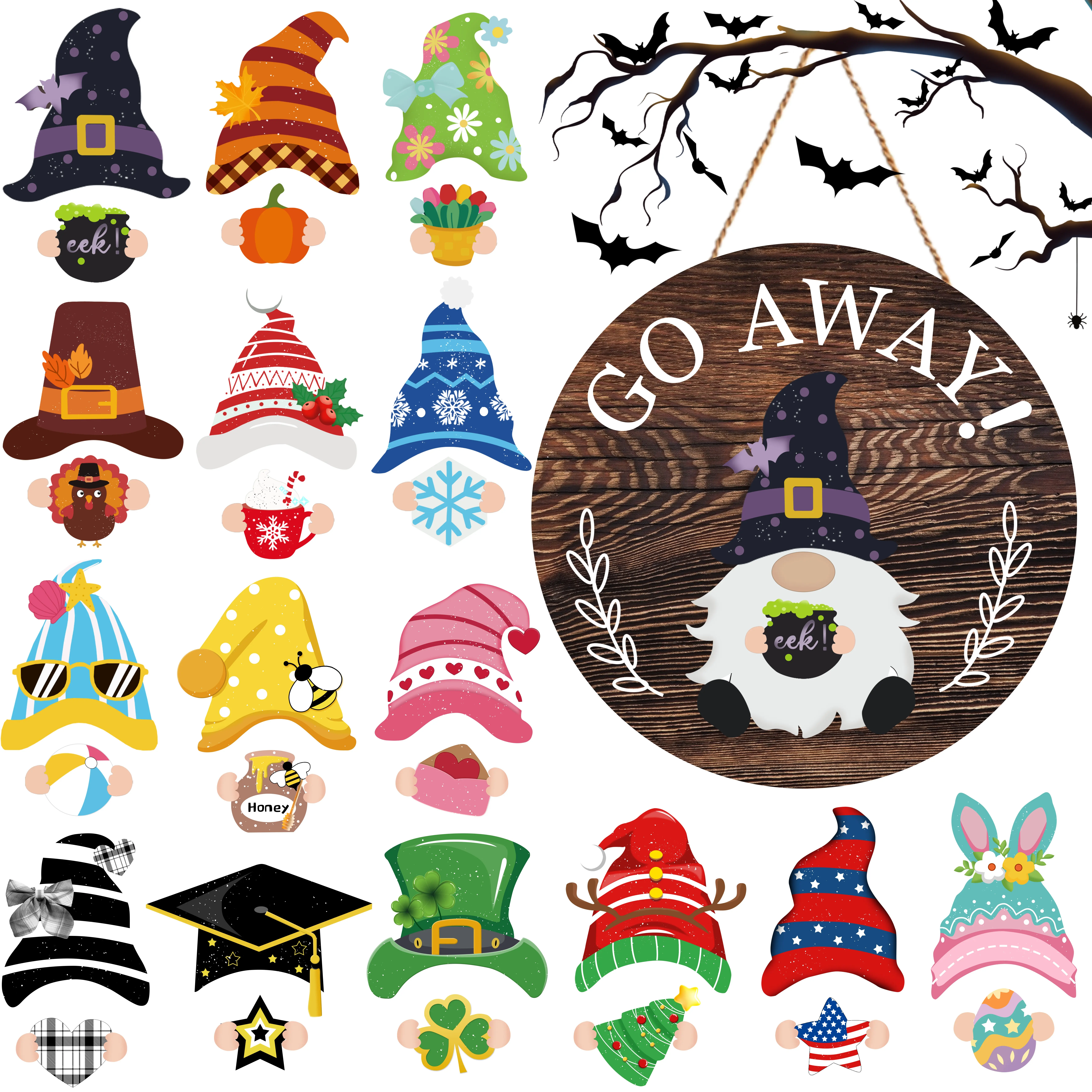 GO AWAY Statement Design Round Plaque 30-Piece DIY Custom Kit with 15 Interchangeable Gnome Hats & Hand Cutouts Magnetic Tool-Free Quick Swap System for All Seasons Dual-Purpose Display & Funny Gift Pick