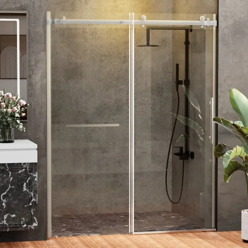 60"W x 76"H Shower Door - Frameless Single Sliding Style, Sturdy Clear Tempered Glass, Space-Efficient for Home Bathrooms