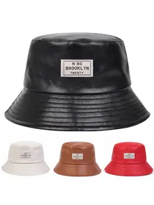 Unisex N 86 Brooklyn Twenty PU Leather Bucket Hat, Adjustable Sun Protection Casual Hat for Spring & Fall, Outdoor Travel Beach Vacation