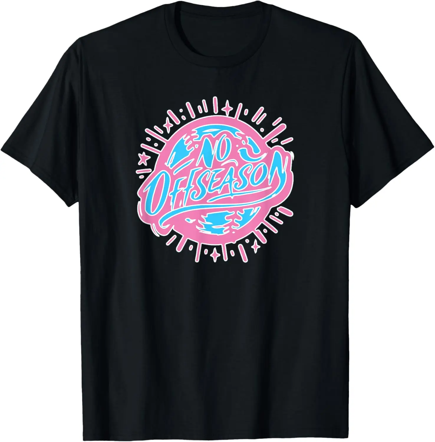 Women's Vintage Crew Neck Distressed Print Tshirt - Casual Short Sleeve Everyday Cotton Baseball Top with Playful Art "No Offseason"