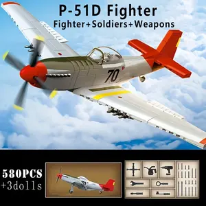 580pcs Classic Technology P-51D Fighter Plane Building Blocks Model Set, Includes 3 Pilots Weapon Accessories, Rotatable Airplane Base, Holiday Gift