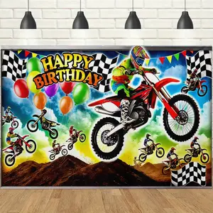 1pc 2D Dirt Bike Themed Birthday Banner, Motocross Rider, Checkered Flag & Balloon Printed Backdrop, Cool Extreme Sports Vibe, Ideal for Motorcycle Enthusiasts Birthday Parties, Extreme Sports-Themed Gatherings & Indoor/Outdoor Photo Booth Decor