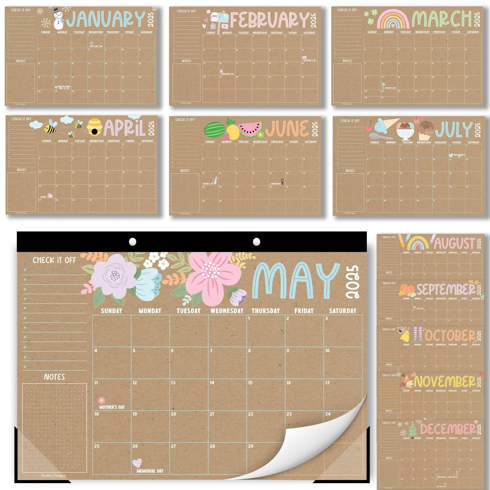 Hadley Designs Doodle Kraft Large Desk Calendar 18-Month 2025-2026 11x17 Inches Monthly Planner for Office & School Stay Organized with Colorful Desig