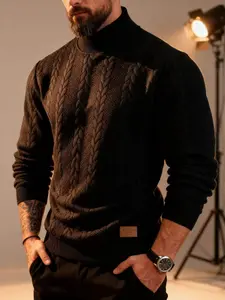Men's High-Neck Casual Fitted Sweater, Warm Winter Textured Plain Knitwear, European & American Style Large Size Clothing