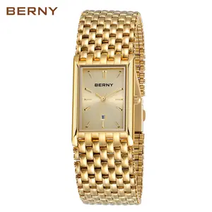 BERNY Men's Gold Watch – Vintage-Style Square Quartz Wristwatch, All Stainless Steel, Adjustable Bracelet, 30M Water-Resistant, Luxury Casual Business Gift for Him, Reloj de Hombre, Couple Watch, Easter Gift