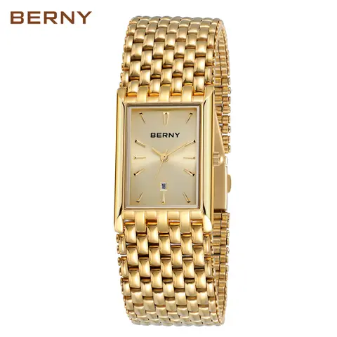 BERNY Men's Gold Watch – Vintage-Style Square Quartz Wristwatch, All Stainless Steel, Adjustable Bracelet, 30M Water-Resistant, Luxury Casual Business Gift for Him, Reloj de Hombre, Couple Watch, Father's Day, Fall Deals for you, Christmas