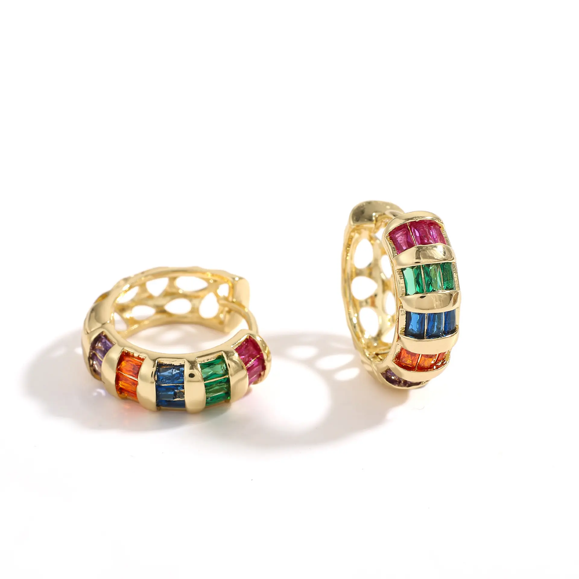 Women's Gold-Plated Rainbow Cubic Zirconia Earrings - Multi-Shaped Crystal Hoop Earrings, Fashionable Decorative Party Jewelry for Daily Wear, Earrings For Decorative