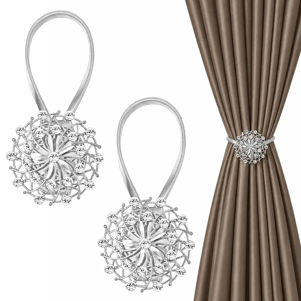 2 Packs Silver Magnetic Curtain Tiebacks, Crystal Flower Curtain Holdbacks, No-Drill Drapery Tie Backs with Spring Wire for Living Room Bedroom Home Office Window Decorative Holdback