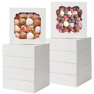 60pcs Cookie Boxes, 8x8x2.5 Inches Bakery Boxes with 2 Style Windows for Chocolate Strawberries, Pie, Pastry, Dessert, Cake