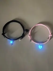 2 Piece Set Glow-In-The-Dark Heart Lock and Key Charms, Handmade Braided Couple Bracelet, Cute Gift for Lovers, Romantic Accessories