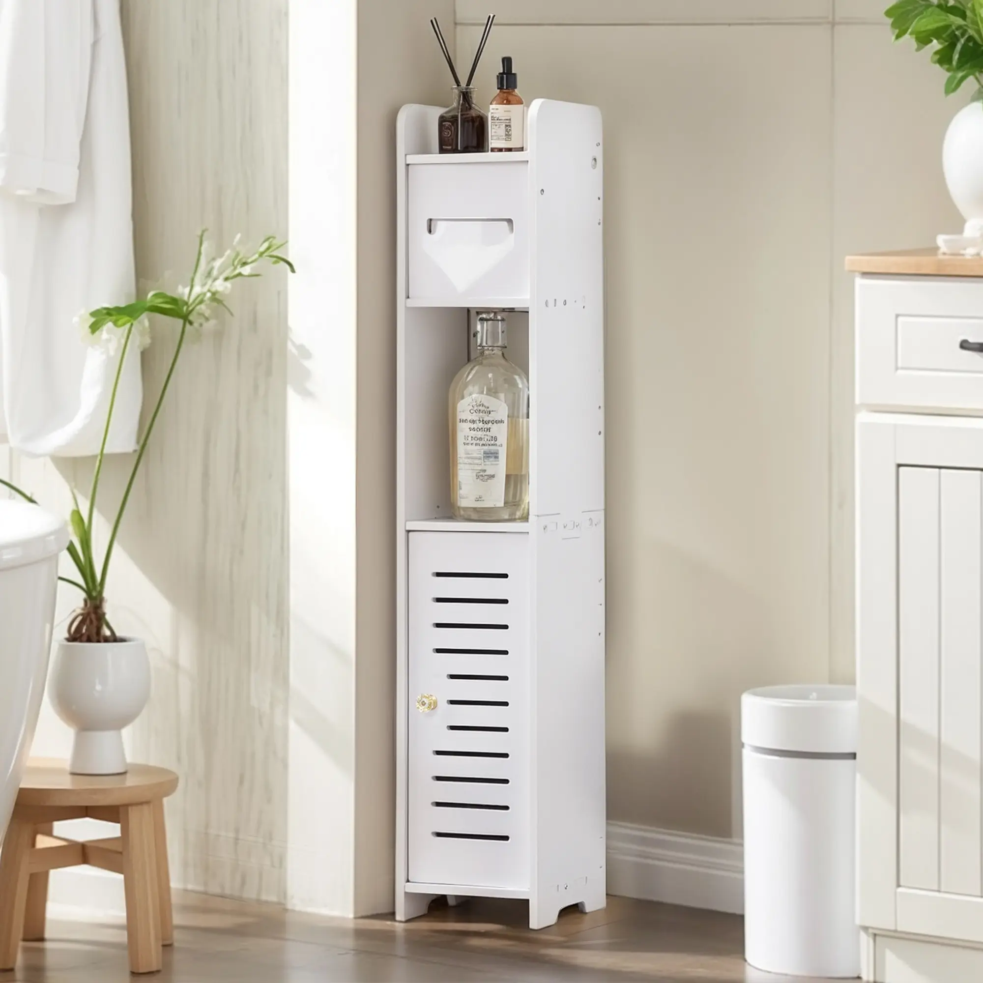 VECELO Slim Bathroom Storage Cabinet with Toilet Paper Holder, Multi-Layer Shelves, Waterproof Plastic Material, Space-Saving Design, Ideal for Bathroom, Kitchen, and Bedroom