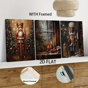 3Pcs set Wood Framed Vintage Nutcracker Soldier Christmas Decorative Painting with Solid Wood Frame Canvas Wall Art for Living Room Entrance Holiday Decoration New Year Gift Home Ornament Ready To Han