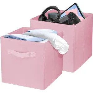 Eco-Friendly 2-Pack 10.5-Inch Rectangle Collapsible Fabric Cubes with Compartments, Pink Home Organizer Boxes for Closet, Toilet & Room Storage, Durable Shelf Bins for Books & Laundry