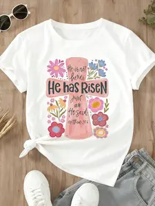 Easter Bunny Cartoon Letter Graphic Print T-Shirt | Short Sleeve Crew Neck Casual Top for Women, Spring & Summer Seasonal Tee, Cute Holiday Themed Apparel