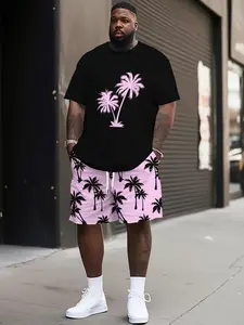 Creative Printed Tropical Two-Piece Set, Summer Short Sleeve T-Shirt and Shorts, Casual Style, Perfect for Travel, Includes Beach Pants