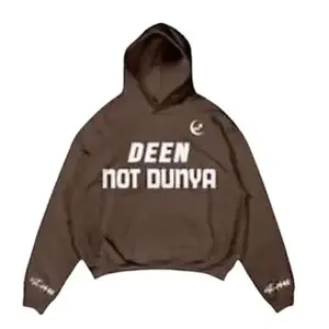 DeenNotDunya Hoodie - Brown Pullover with "DEEN NOT DUNYA" Text and Logo Design