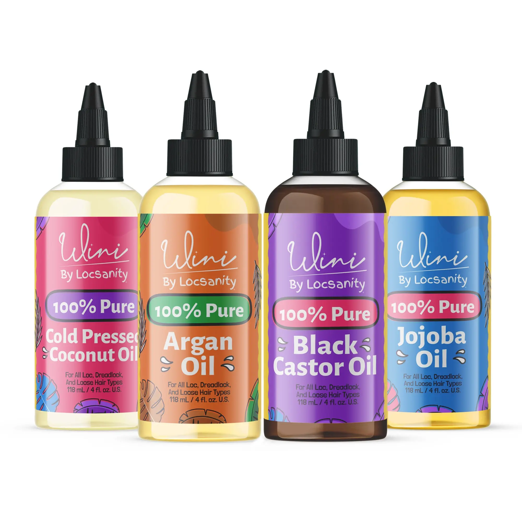 LOCSANITY Hair & Body Oil 4-Pack, Moisturizing Blend with Jojoba, Argan, Coconut & Castor Oil for Dreadlocks & All Hair Types, Lightweight & Fast Absorption (4oz Each), Hydrating, Leave-In, Us, 30 Ml, Multi-Pack, Natural, Pre-Poo, Pure, Moisturizer, Body,