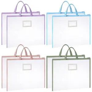 8 Pcs Project Bags with Handles, A3/8K Size Craft Organizer Storage Tote for Sewing Quilting Knitting, See-Through Mesh Zipper Pouch in 4 Colors (Blue Pink Green Purple)