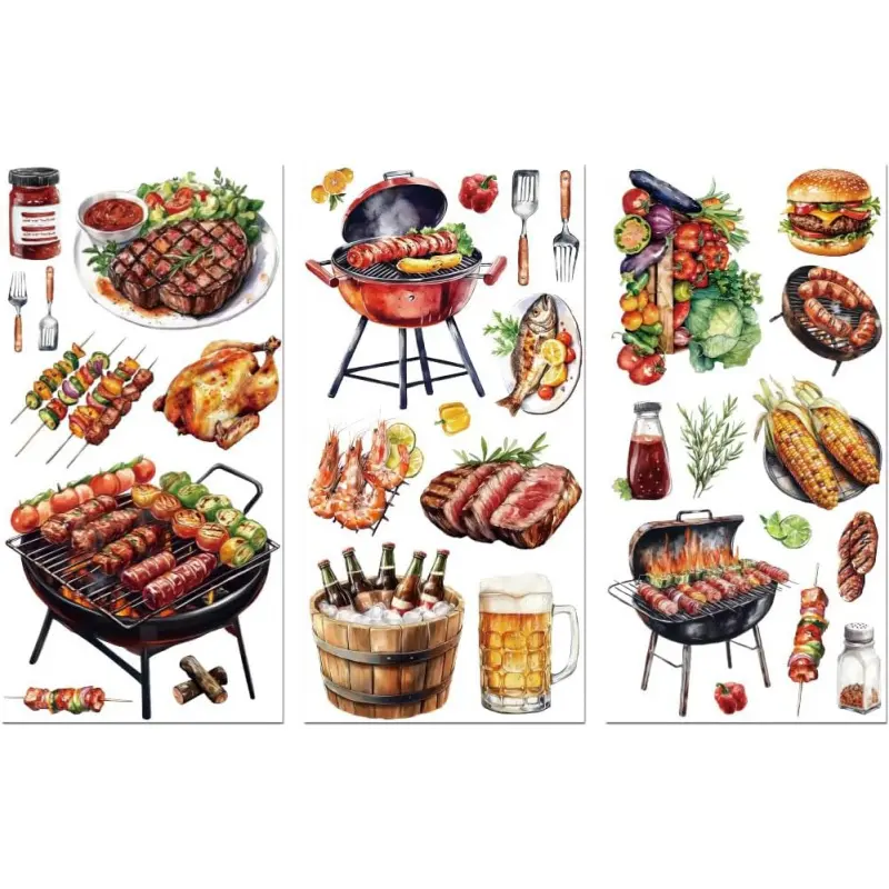 Rub on Transfer Decal Sticker for Furniture Craft Decor 6"x12" Barbecue Food, 3Pcs Waterproof UV DTF Transfer for Kitchen Refrigerator Drawer Cabinet Glass Porcelain