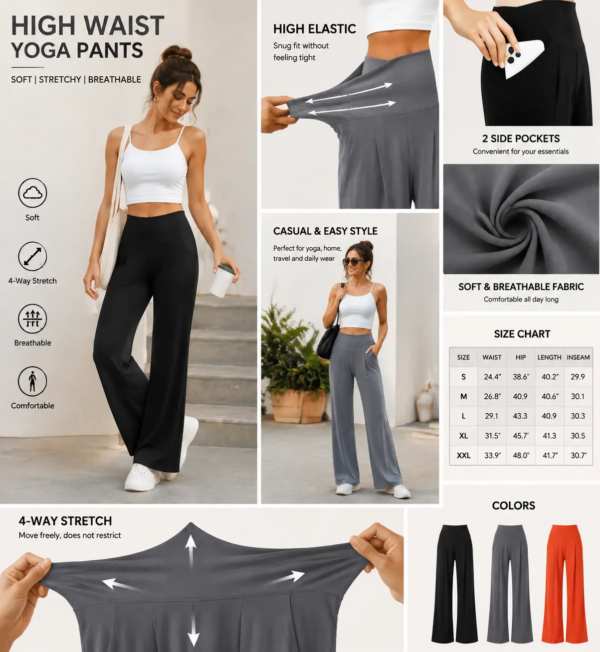 Women's High-Waisted Wide-Leg Baggy Spandex Blend Leggings with Side Pockets - Full Length, 4-Way Stretch, Tummy Control, Butt Lifting, Great Draping, Breathable, Stylish Sports Bottoms for Yoga, Daily Wear (All Seasons), Leggings Tummy Control