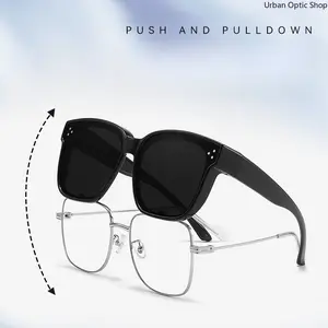 XUH Clip On Polarized Sunglasses for Prescription Glasses, Push Pull Square Black Frame, UV400 Protection Fit Over Glasses for Driving Fishing