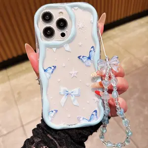 Blue Bow Pattern Phone Case, Flower Lanyard, Protective Cover, Valentine's Day Gift, Compatible with iPhone 17/11/12/13/14/15/16/7/8