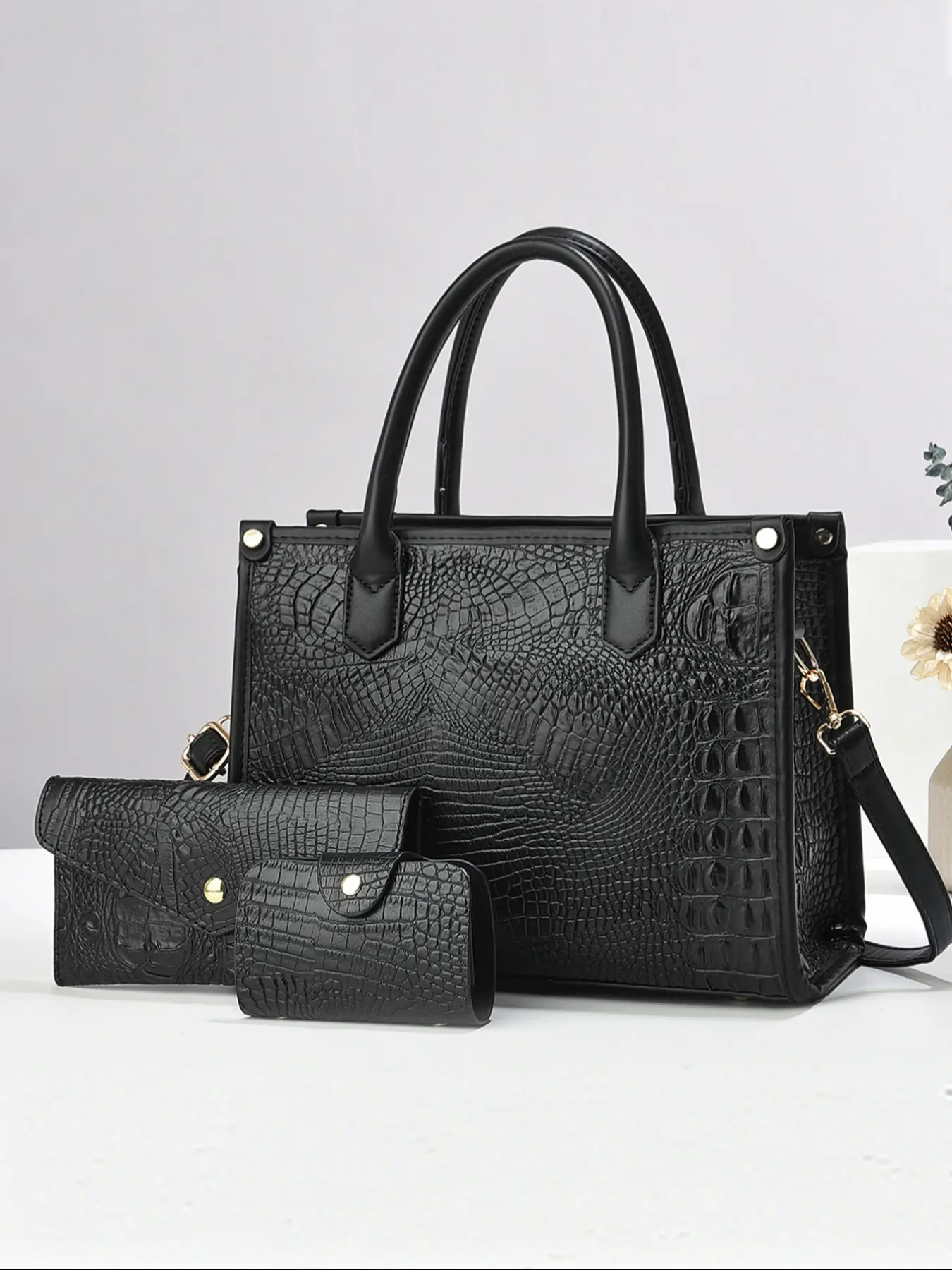 Women's Crocodile Embossed Tote Bag & Wristlet & Wallet, Fashionable Large Capacity Shoulder Bag Set for Work & Daily Used, Casual Trendy Versatile High-quality Daily Commuting Bag