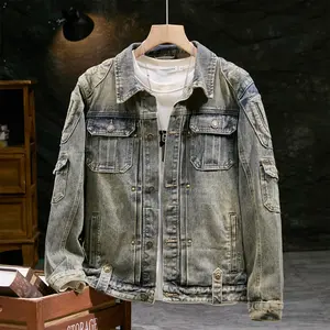 New Arrival Heavyweight Men's Denim Jacket, Comfortable & Loose Fit with Embroidery, Washed Finish and Multi-pocket Workwear Design, a Trendy Pick for Men and Teenagers