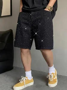 Shiny Denim Shorts with Rhinestones, Loose-Fit Street Style Jean Pants, Breathable Summer Wear, Versatile Daily Commute