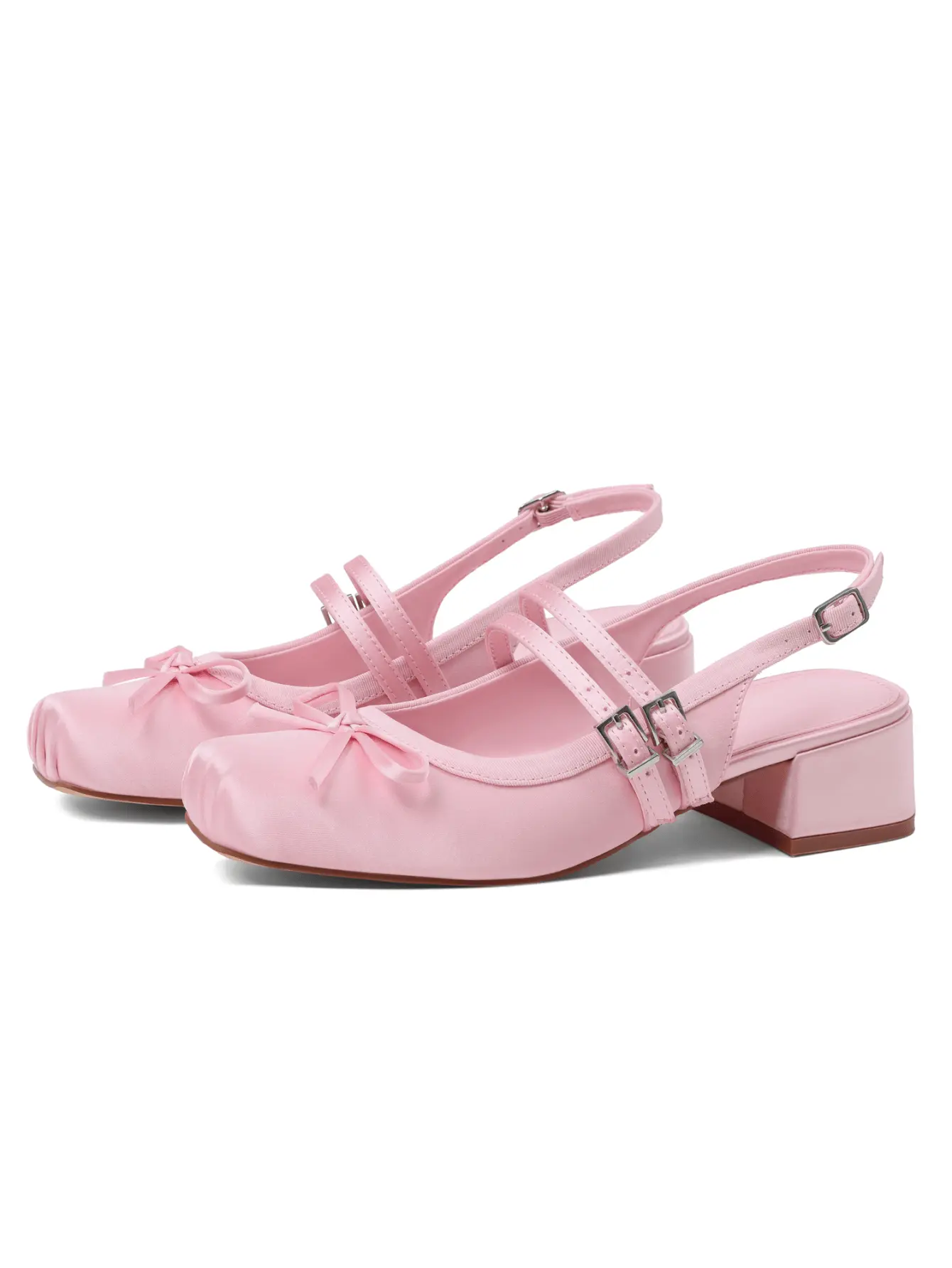 Women's Retro Satin Ballet Style Heels Sweet Bowknot Square Toe Slingback Pumps Chunky Block Heel Mary Jane Dress Shoes
